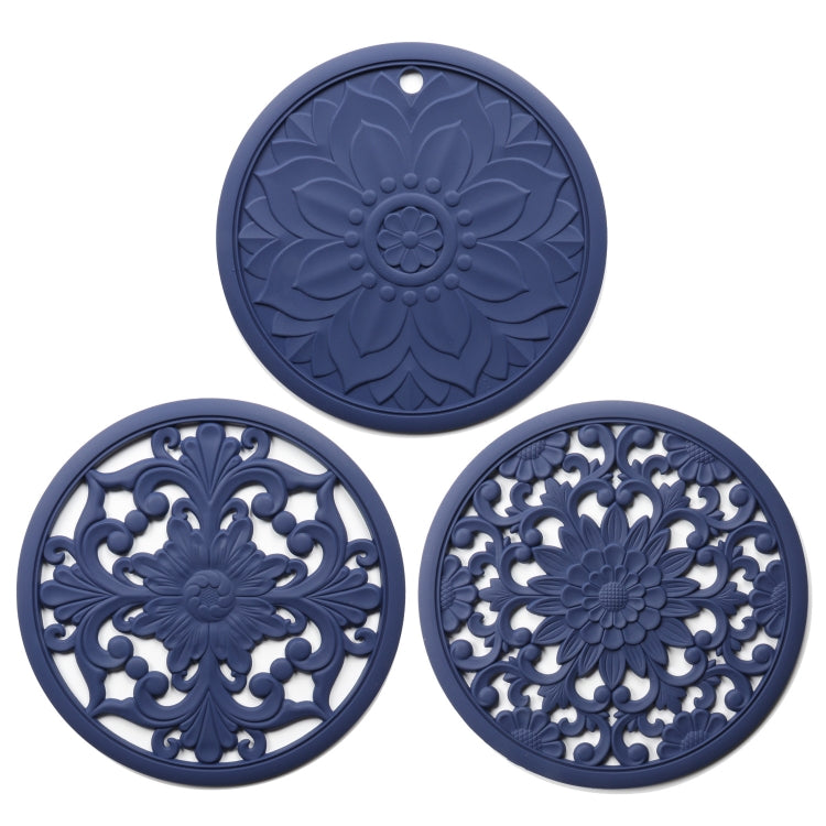3 in 1 Hollow Flower Silicone Heat Insulation Pad Anti-Scalding Pot Bowl Pad Set, Black, Yellow, Blue, Green, Purple, Gray Blue