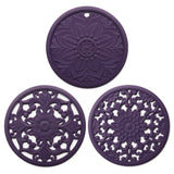 3 in 1 Hollow Flower Silicone Heat Insulation Pad Anti-Scalding Pot Bowl Pad Set, Black, Yellow, Blue, Green, Purple, Gray Purple