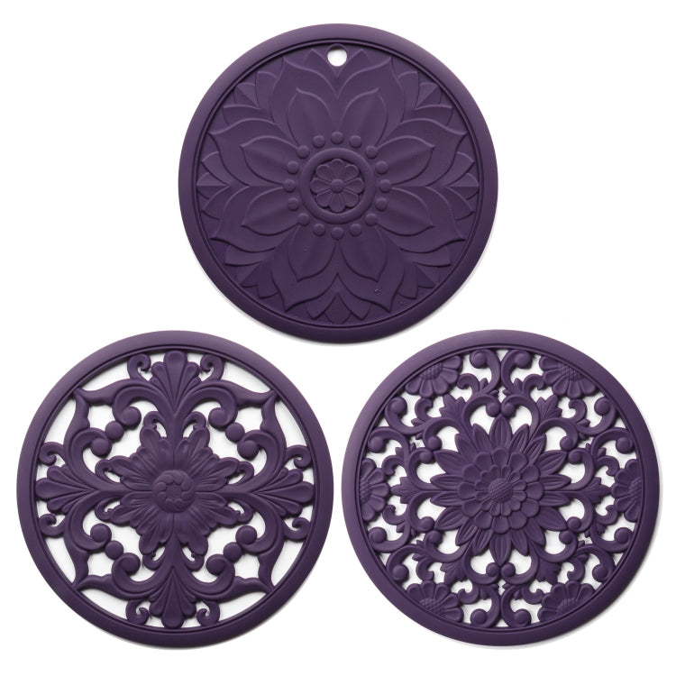 3 in 1 Hollow Flower Silicone Heat Insulation Pad Anti-Scalding Pot Bowl Pad Set, Black, Yellow, Blue, Green, Purple, Gray Purple