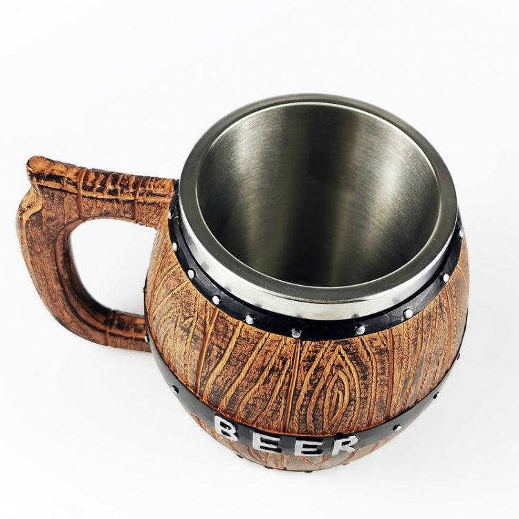 Stainless Steel Wooden Barrel Beer Mug Large Capacity Wine Barrel Cup Personalized Bar Supplies, 550ml
