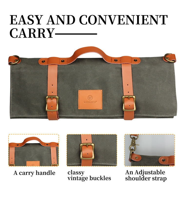 WESSLECO Canvas Roll Chef Knife Storage Bag, WESSLECO Army Green