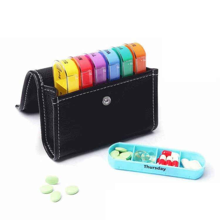 Notebook-Style 28-Compartment Portable Pill Box&Leather Bag, Black, Brown