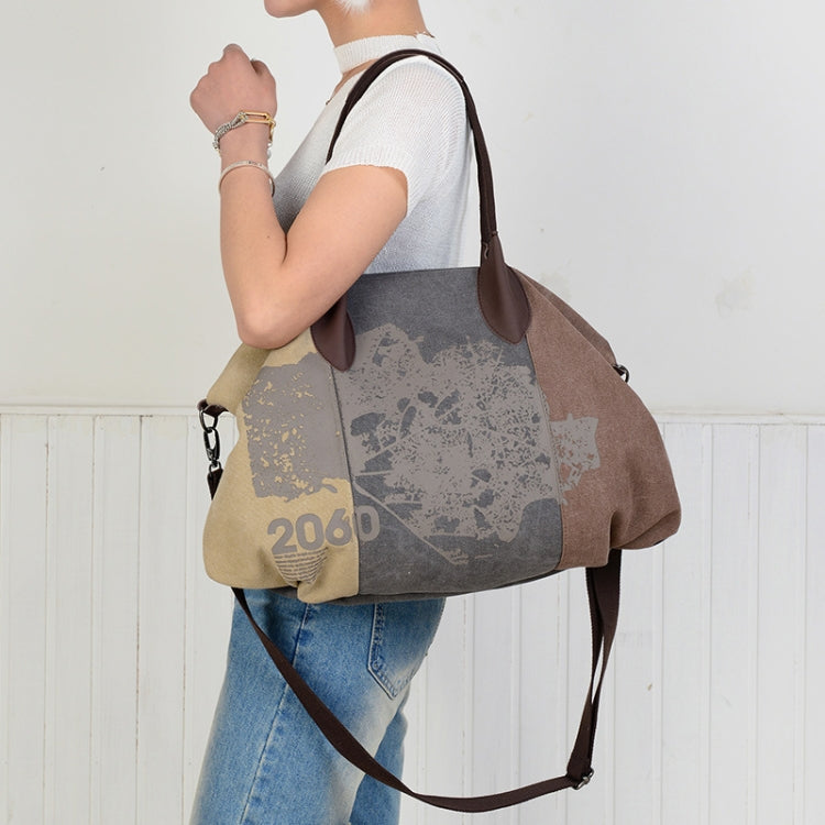 K1219 Large-Capacity Graffiti Canvas Bag Printing Single-Shoulder Messenger Bag, Red Wine, Blue, Light Brown