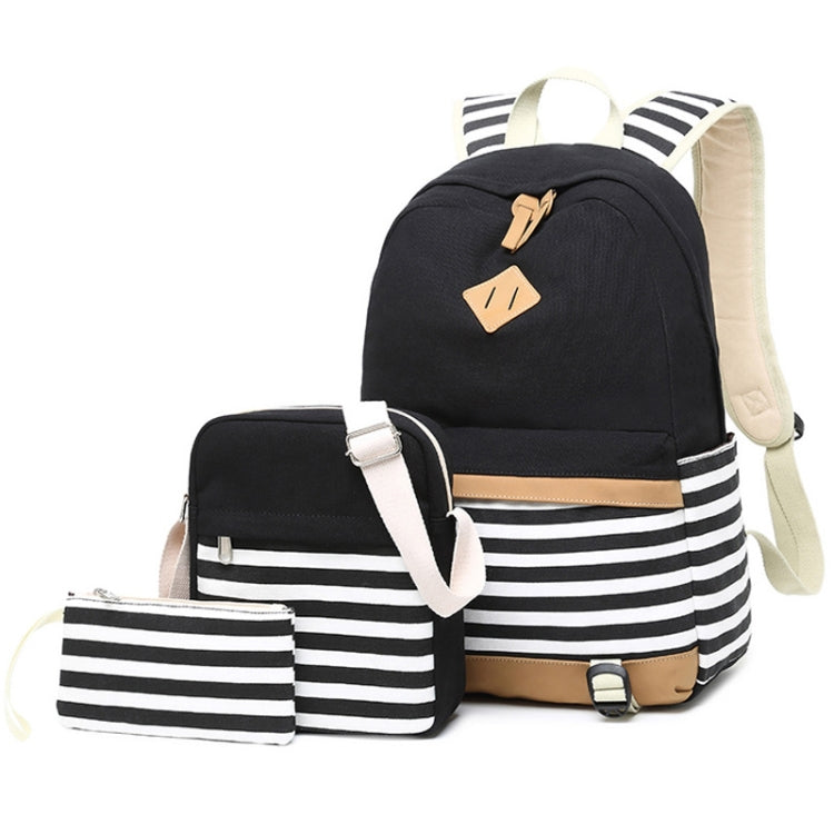 3 PCS/Set Canvas Leisure Backpack Large Capacity Printed School Bag, Green, Black, Navy Blue, Pink, Grey Black