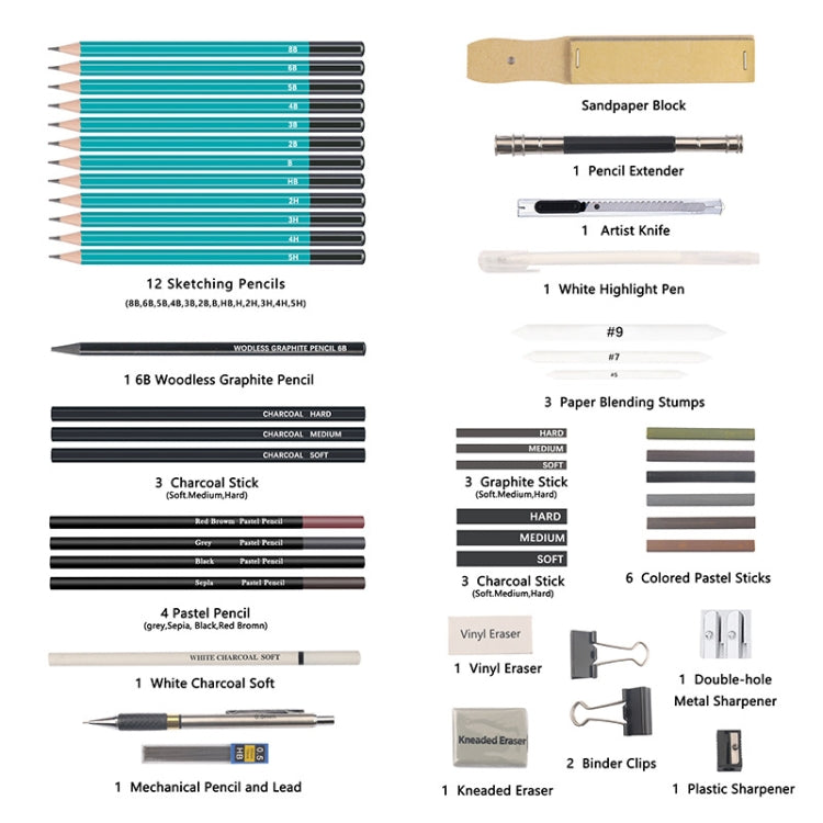 50 in 1 Sketch Pencil Tool Set High-Gloss Metal Pen Carbon Pen Painting Art Set, 50 in 1 Sketch Pencil Tool