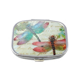 2 PCS Y10336 Two-Compartment Metal Portable Pill Box, Dragonfly, Wind Cloud, Green Peacock, Cactus, Blue Tree, Purple Rose, Lotus Flower, White Leopard Dragonfly