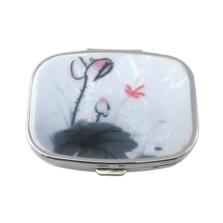 2 PCS Y10336 Two-Compartment Metal Portable Pill Box, Dragonfly, Wind Cloud, Green Peacock, Cactus, Blue Tree, Purple Rose, Lotus Flower, White Leopard Lotus Flower