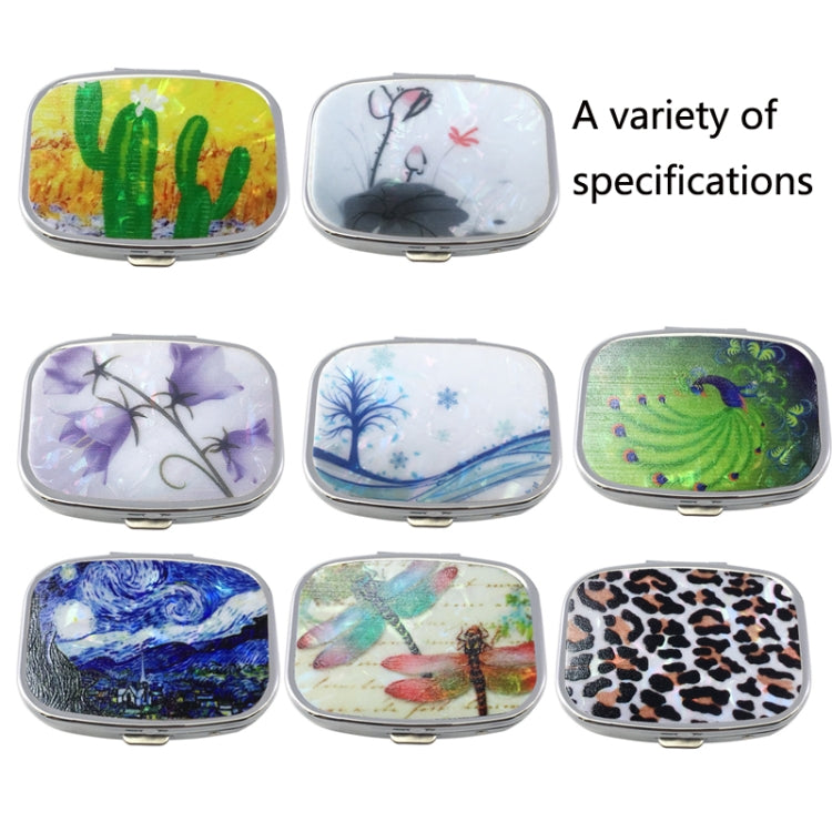 2 PCS Y10336 Two-Compartment Metal Portable Pill Box, Dragonfly, Wind Cloud, Green Peacock, Cactus, Blue Tree, Purple Rose, Lotus Flower, White Leopard