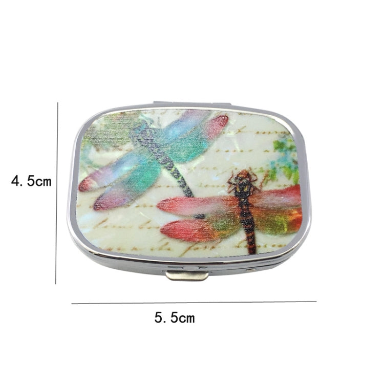 2 PCS Y10336 Two-Compartment Metal Portable Pill Box, Dragonfly, Wind Cloud, Green Peacock, Cactus, Blue Tree, Purple Rose, Lotus Flower, White Leopard