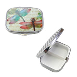 2 PCS Y10336 Two-Compartment Metal Portable Pill Box, Dragonfly, Wind Cloud, Green Peacock, Cactus, Blue Tree, Purple Rose, Lotus Flower, White Leopard