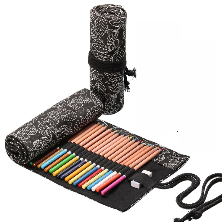 12 Holes Black Leaf Canvas Printing Pen Curtain Large Capacity Roll Pen Bag Sketch Color Lead Pen Bag, 12 Holes, 24 Holes, 36 Holes, 48 Holes, 72 Holes 24 Holes