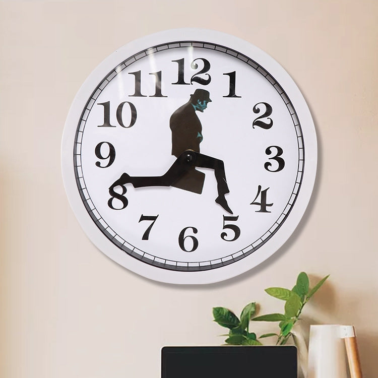 Walking Clock Businessman Briefcase Glass Wall Clock Personality Clock Decoration Round Clock, White, Black White