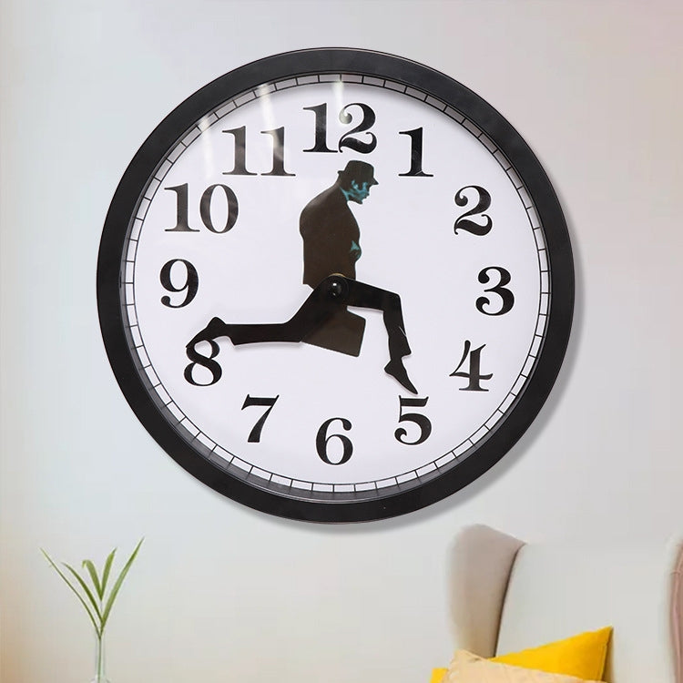 Walking Clock Businessman Briefcase Glass Wall Clock Personality Clock Decoration Round Clock, White, Black Black