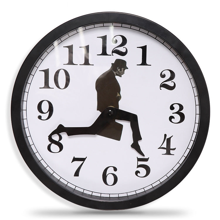 Walking Clock Businessman Briefcase Glass Wall Clock Personality Clock Decoration Round Clock, White, Black