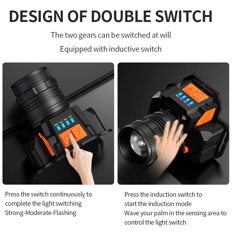 SASQUATCH T50 USB Charging Smart Sensor Head-Mounted Fishing Light Zoom Headlight Outdoor Miners Lamp,Style:, T8 (2 x 1200MA Battery), T8 (2 x 2000MA Battery)