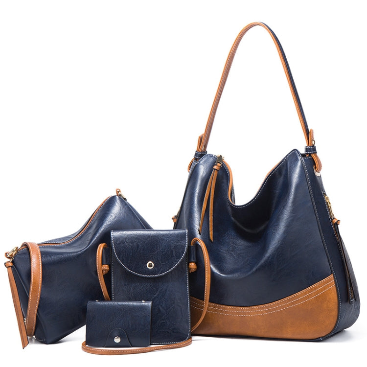 21506 4 in 1 Simple Color-Block Diagonal Handbags Fashion Large Capacity Soft Leather Bags, Navy Blue, Black, Dark Grey, Pink, Brown Navy Blue