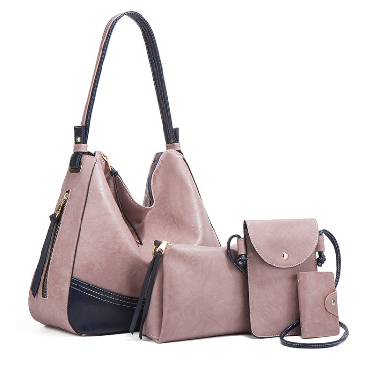21506 4 in 1 Simple Color-Block Diagonal Handbags Fashion Large Capacity Soft Leather Bags, Navy Blue, Black, Dark Grey, Pink, Brown Pink