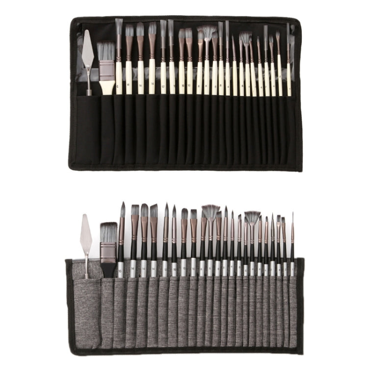 24 PCS/Set Canvas Bag Nylon Wool Gouache Brush Set, Pearl White Pole Black Bag, Silver Gray Pole Gray Bag