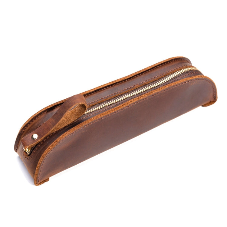 W-T18 Vintage Handmade Genuine Leather Zipper Pencil Case, Black, Brown, Wine Red, Coffee, Ink Green, Blue Brown
