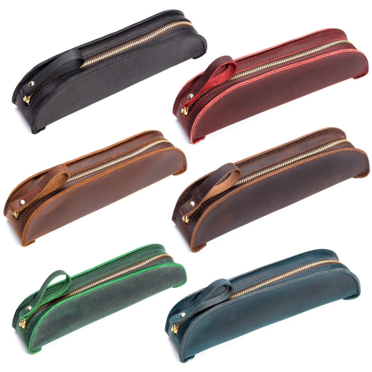 W-T18 Vintage Handmade Genuine Leather Zipper Pencil Case, Black, Brown, Wine Red, Coffee, Ink Green, Blue