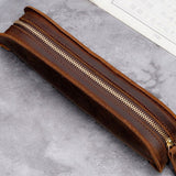 W-T18 Vintage Handmade Genuine Leather Zipper Pencil Case, Black, Brown, Wine Red, Coffee, Ink Green, Blue
