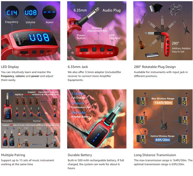 U12DX 6.35mm Jack Wireless Guitar Transmitter Receiver Rechargeable Adapter, U12DX Red, U12DX Black