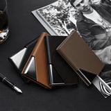 Men Leather Stainless Steel Business Card Clamp, Black, Brown, Grey, Apricot
