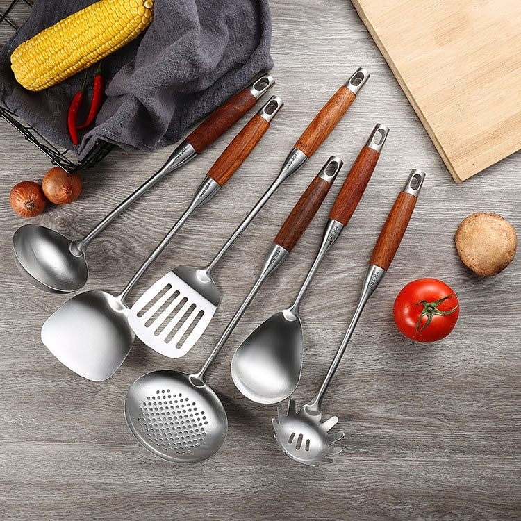 304 Stainless Steel Wooden Handle Kitchenware Kitchen Equipment, Style:, Fried Spatula, Soup Spoon, Slotted Spoon, Slotted Shovel, Noodle Scoop, Rice Spoon
