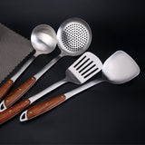 304 Stainless Steel Wooden Handle Kitchenware Home Kitchen Equipment, Style:, Fried Spatula, Soup Spoon, Slotted Shovel, Slotted Spoon