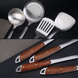 304 Stainless Steel Wooden Handle Kitchenware Home Kitchen Equipment, Style:, Fried Spatula, Soup Spoon, Slotted Shovel, Slotted Spoon