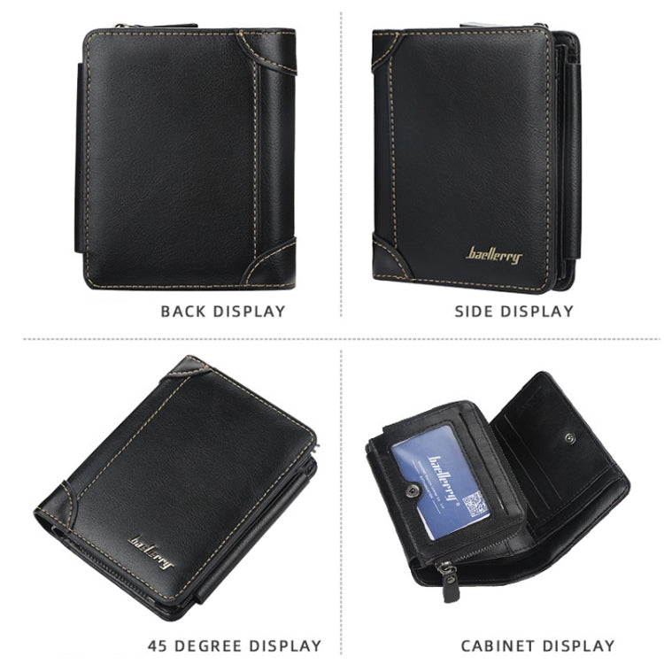 Baellerry D9159 Men Short Tri-Fold Zip Coin Purse Thin Card Holder, Black, Brown, Coffee