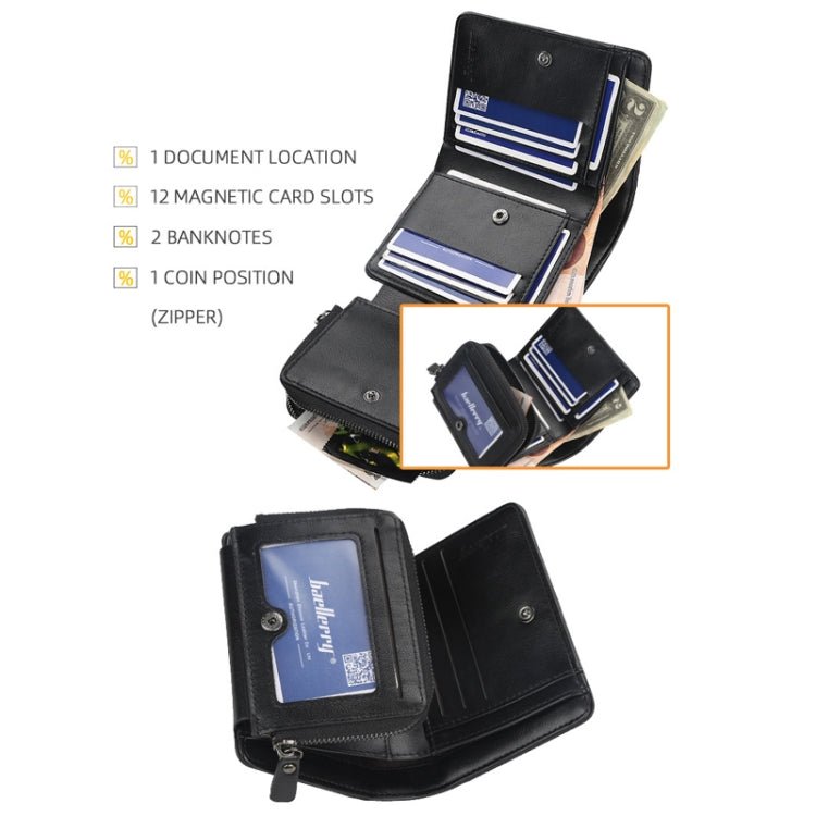 Baellerry D9159 Men Short Tri-Fold Zip Coin Purse Thin Card Holder, Black, Brown, Coffee
