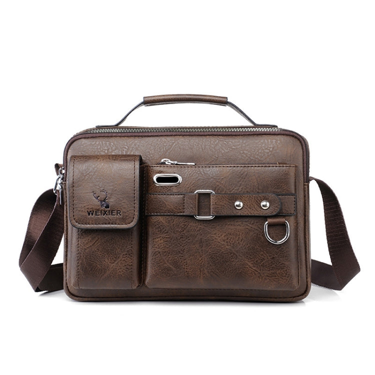 WEIXIER D235 Men Shoulder Bag Portable PU Leather Handbag Plain Texture Dark Brown