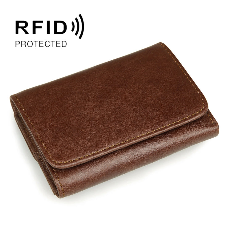 Men Casual Retro RFID Blocking Anti-Scanning Cowhide Leather Short Wallet, Coffee, Chocolate Color, Maroon