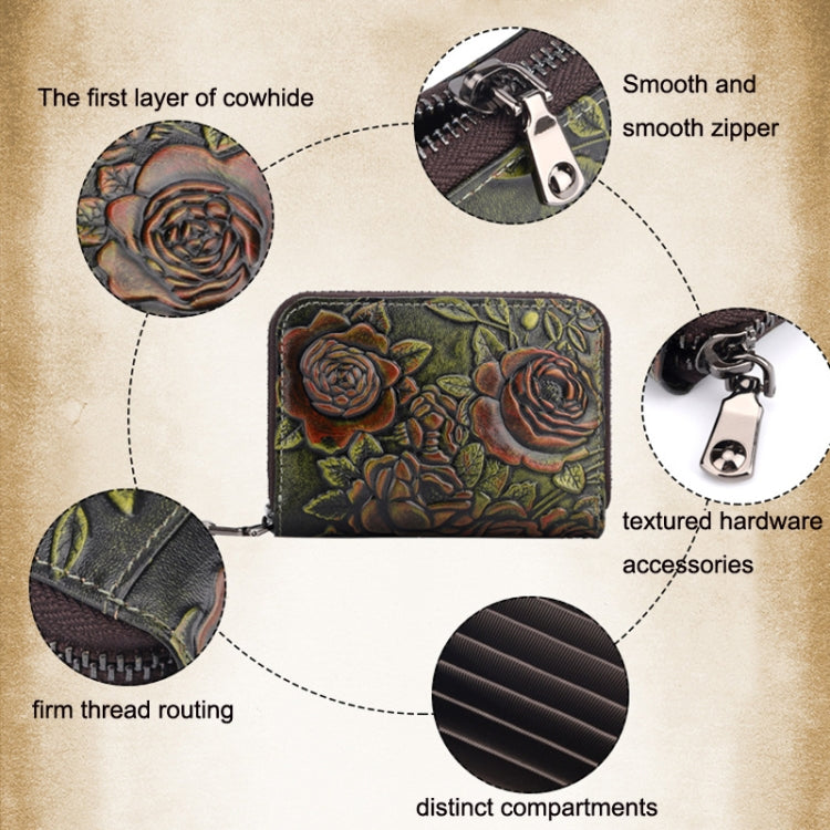 Zip Multi-card Hand-painted Organ Leather Card Holder, Red, Green, Silver