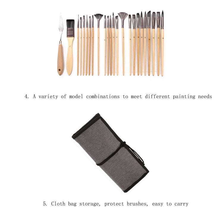 24 In 1 Nylon Wool Brush Canvas Storage Bag Set Oil Painting Gouache Watercolor Brush, 24 In 1 Oil Painting