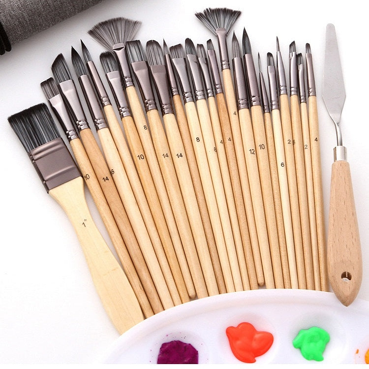 24 In 1 Nylon Wool Brush Canvas Storage Bag Set Oil Painting Gouache Watercolor Brush, 24 In 1 Oil Painting