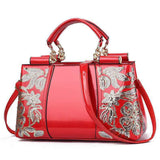 Ladies Single Sided Embroidered Shiny Leather Handbag, Red, Blue, Black, Rice-white, Red Wine