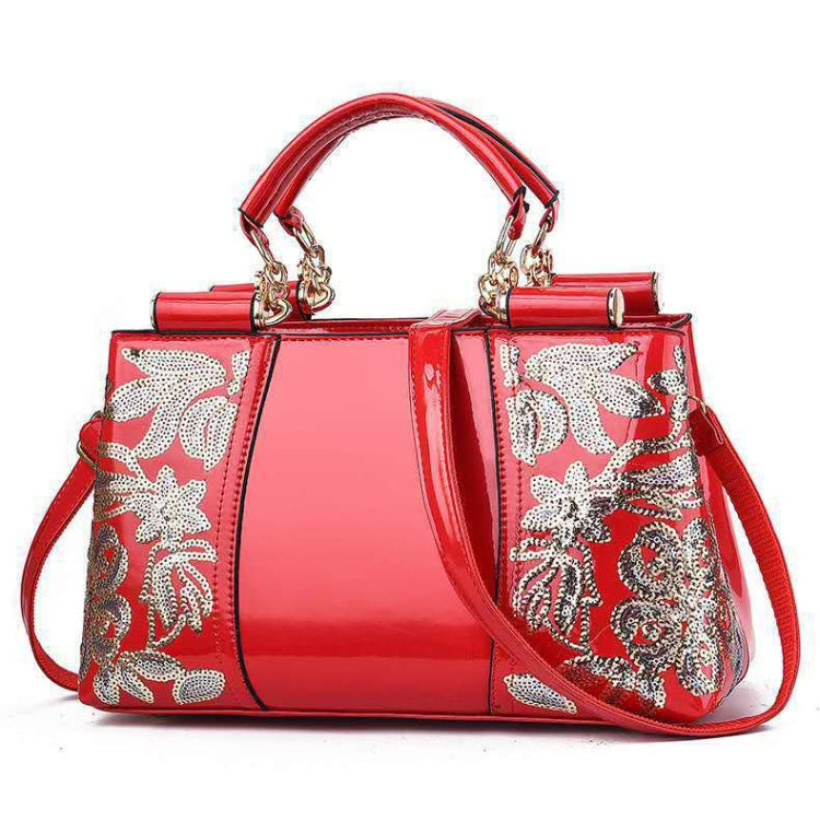 Ladies Single Sided Embroidered Shiny Leather Handbag, Red, Blue, Black, Rice-white, Red Wine