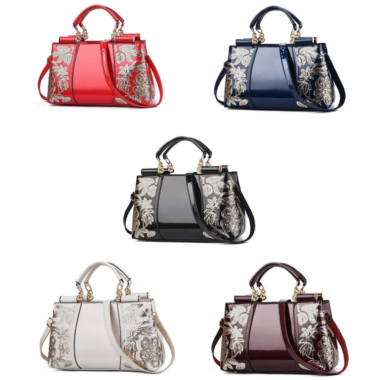 Ladies Single Sided Embroidered Shiny Leather Handbag, Red, Blue, Black, Rice-white, Red Wine