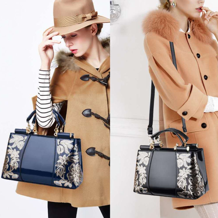 Ladies Single Sided Embroidered Shiny Leather Handbag, Red, Blue, Black, Rice-white, Red Wine