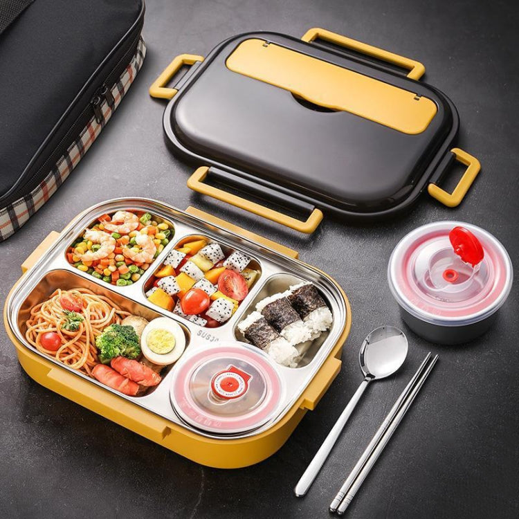 304 Stainless Steel Double-Layer Large-Capacity Portable Lunch Box, Peacock Blue, Lemon Yellow, Ink Pink Lemon Yellow Large 5 Grid