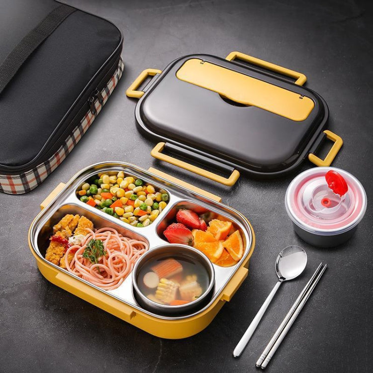 304 Stainless Steel Double-Layer Large-Capacity Portable Lunch Box, Peacock Blue, Lemon Yellow, Ink Pink Lemon Yellow Middle 4 Grid