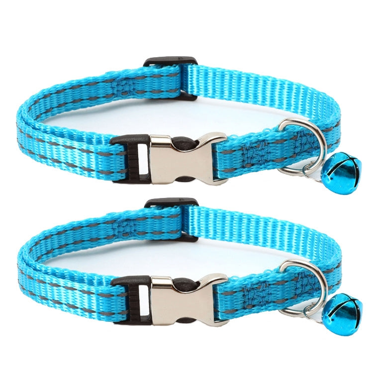 2 PCS Night Reflective Nylon Cat Collar With Bell, No Carving Green, No Carving Sky Blue, No Carving Purple, No Carving Grass Green, No Carving Black, No Carving Rose Red No Carving Sky Blue No Carving Sky Blue
