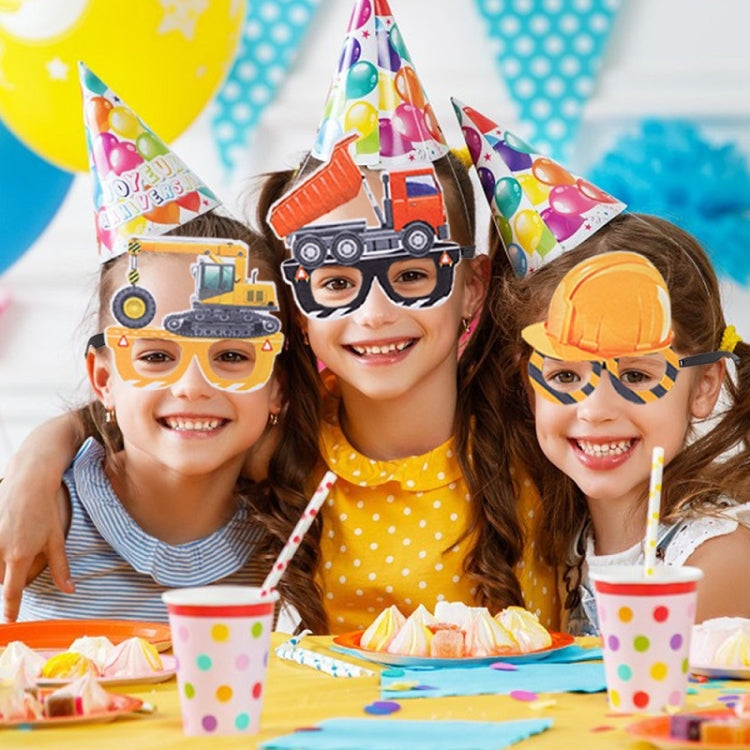 3 PCS Children Birthday Party Funny Glasses Photo Props, Logging Truck, Forklift, Tanker Truck, Small Crane, Bulldozer, Engineering Cap, Expel Soil Machine, Dump Truck, Excavator, Grinder, Screw Machine, Crane, Bus, Red Excavator, Orange Bulldozer     ...