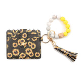PU Tassel Silicone Bead Bracelet Wallet With Keychain, Sunflower, Yellow Leopard Print, Gray Blue, Black, 5 Mint Green, Light Purple, Pink, Khaki, 9 Mint Green, Cherry Blossom Pink, Marble