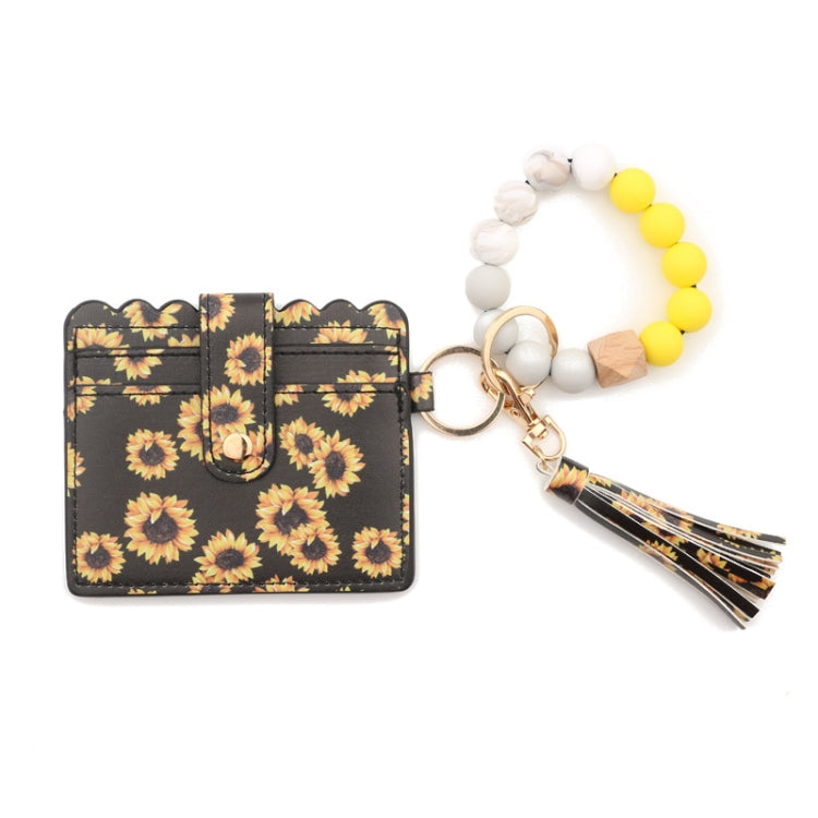 PU Tassel Silicone Bead Bracelet Wallet With Keychain, Sunflower, Yellow Leopard Print, Gray Blue, Black, 5 Mint Green, Light Purple, Pink, Khaki, 9 Mint Green, Cherry Blossom Pink, Marble
