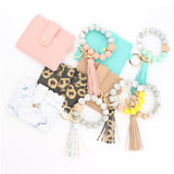 PU Tassel Silicone Bead Bracelet Wallet With Keychain, Sunflower, Yellow Leopard Print, Gray Blue, Black, 5 Mint Green, Light Purple, Pink, Khaki, 9 Mint Green, Cherry Blossom Pink, Marble