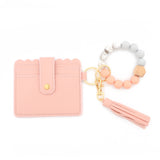 PU Tassel Silicone Bead Bracelet Wallet With Keychain, Sunflower, Yellow Leopard Print, Gray Blue, Black, 5 Mint Green, Light Purple, Pink, Khaki, 9 Mint Green, Cherry Blossom Pink, Marble