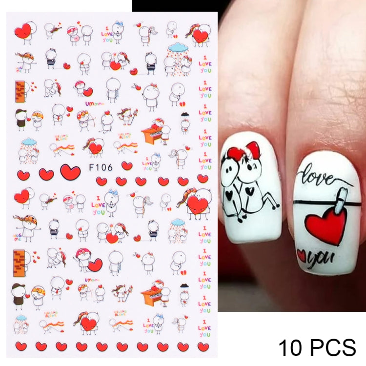 10 PCS Cartoon Heart Letters Comic Character Nail Art Sticker 3D Adhesive Nail Stickers, F106, F636, F637, F638, F639, F640 F106